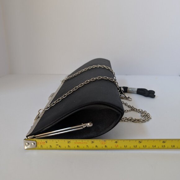 Lulu Townsend black satine clutch with silver trim and bow accent. - Picture 4 of 6